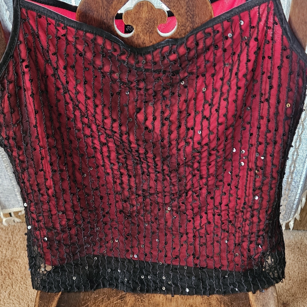 Pssst Red Satin Cami Top Black Sequin Mesh Overlay Size L